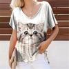 Summer Lovely Cat 3D Print T-Shirts Women Casual V-Neck Short Sleeve T Shirt Y2k Harajuku Animal Tees Loose Tops Female Clothing