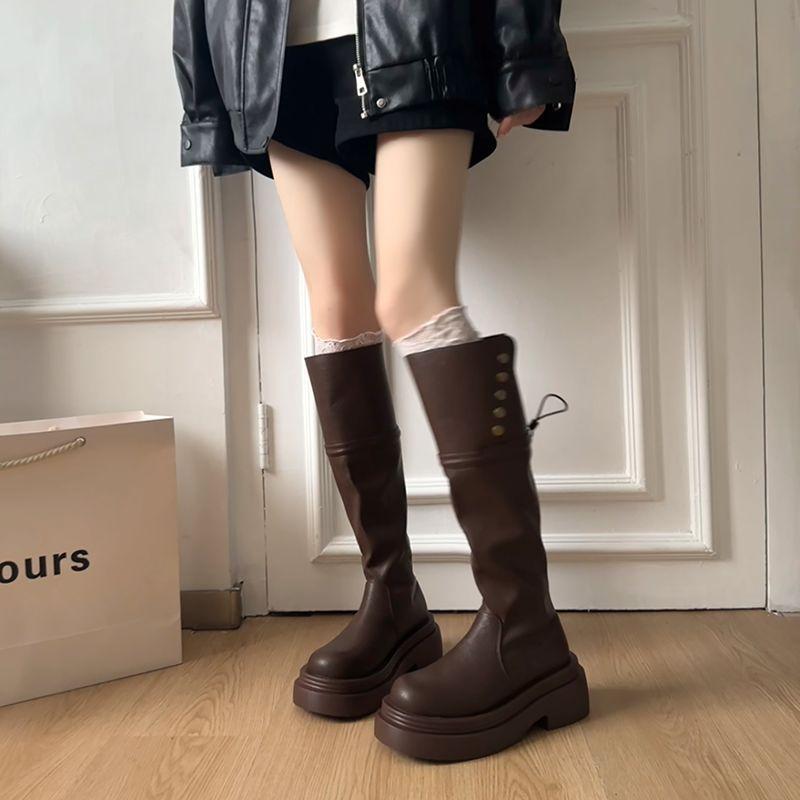 Fold and Look Thin, Pile Boots Thick Heel But Knee Knight Boots Two Wear Long Boots Retro Lightweight Wear-resistant Black Thick Sole