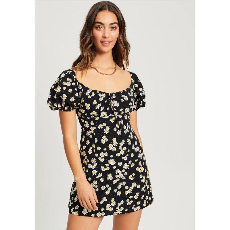 

Export Pure Desire Style Exquisite French Tight Waist A- line Little Daisy Square Collar Exquisite Silm Sexy Mini Dress Black Daisy Dress Size 12 = L