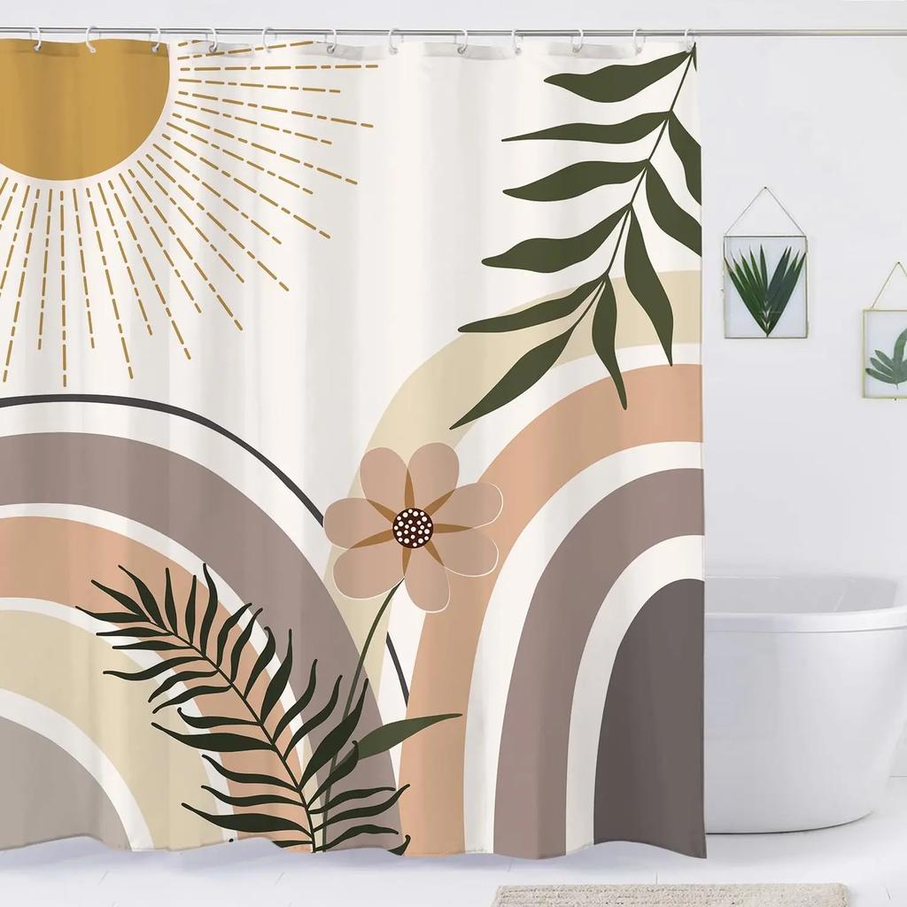 Abstract Bohemian Shower Curtain Mid Century Arches Sun Leaves Modern Simple Aesthetic Lines Geometric Decorative Shower Curtain