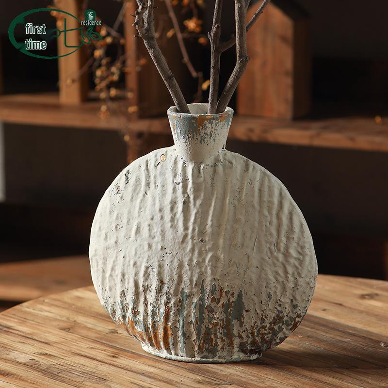 Retro Terracotta and White Vase for Dried Flowers, Home Decor Ornaments for Living Room