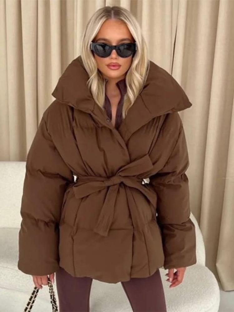 Women's Stand Up Collar Hooded Long Sleeved Zipper Glossy Thick Jacket for Winter