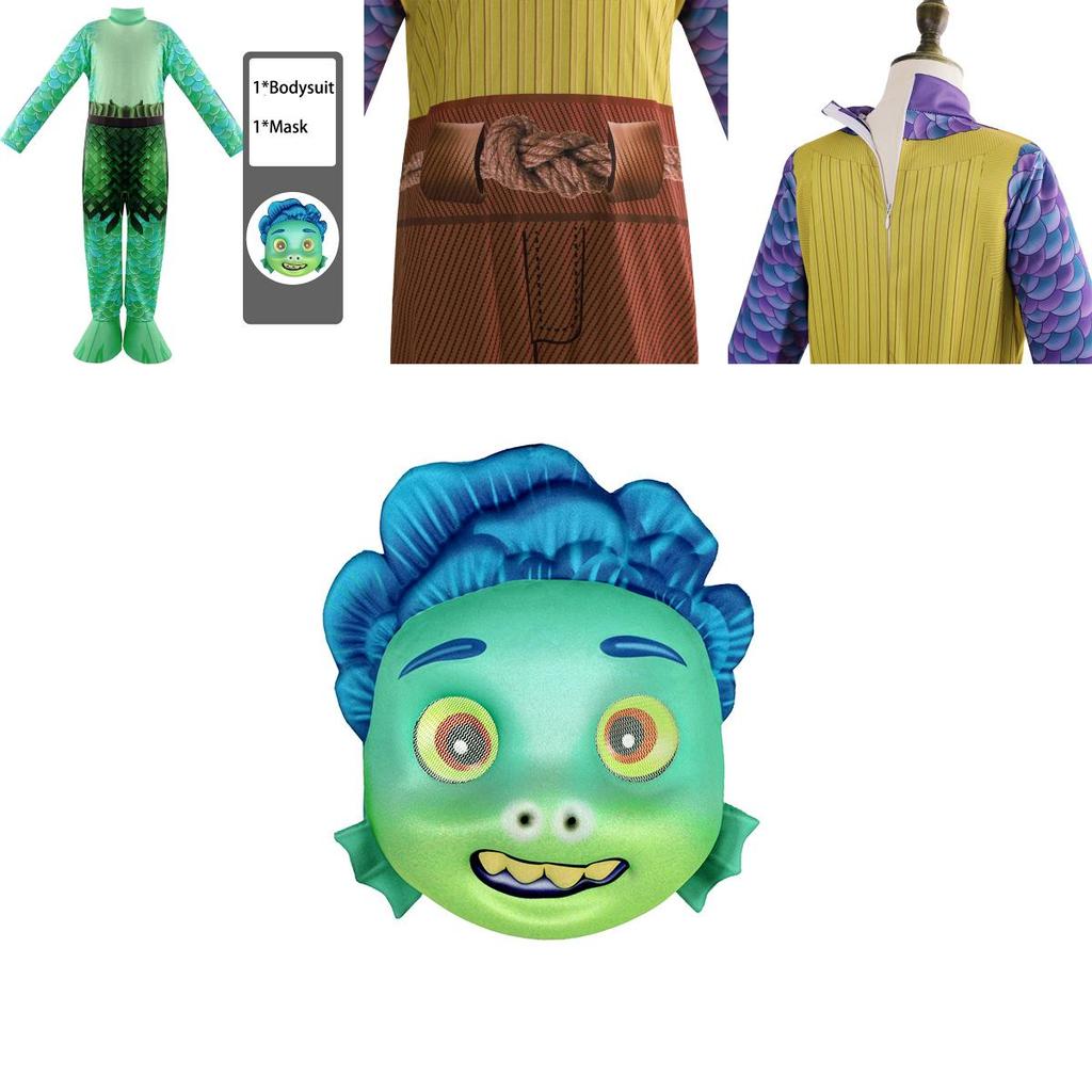 Disney Luca Alberto Cosplay Costume Set For Kids Sea Monster Halloween Carnival Party Jumpsuit With Mask