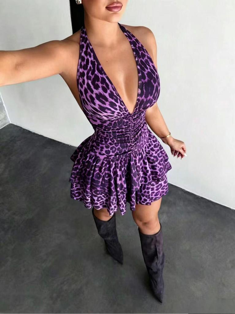 2026 Retro Leopard Print Backless Lace-up Slimming Short Dress