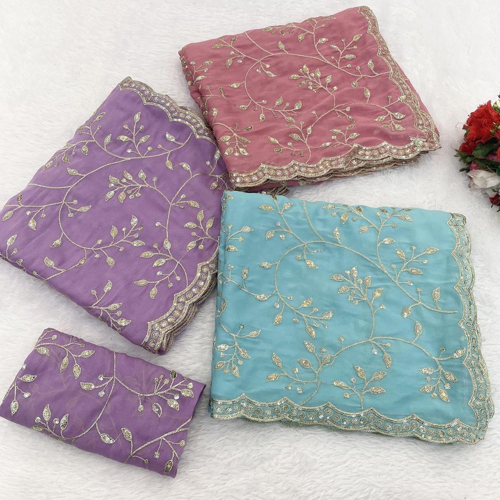 Premium Georgette Fabric C Pallu Embroidery Sequins  Thread Work ,Blouse (Need To Be Stitched As Per Size And Fit)