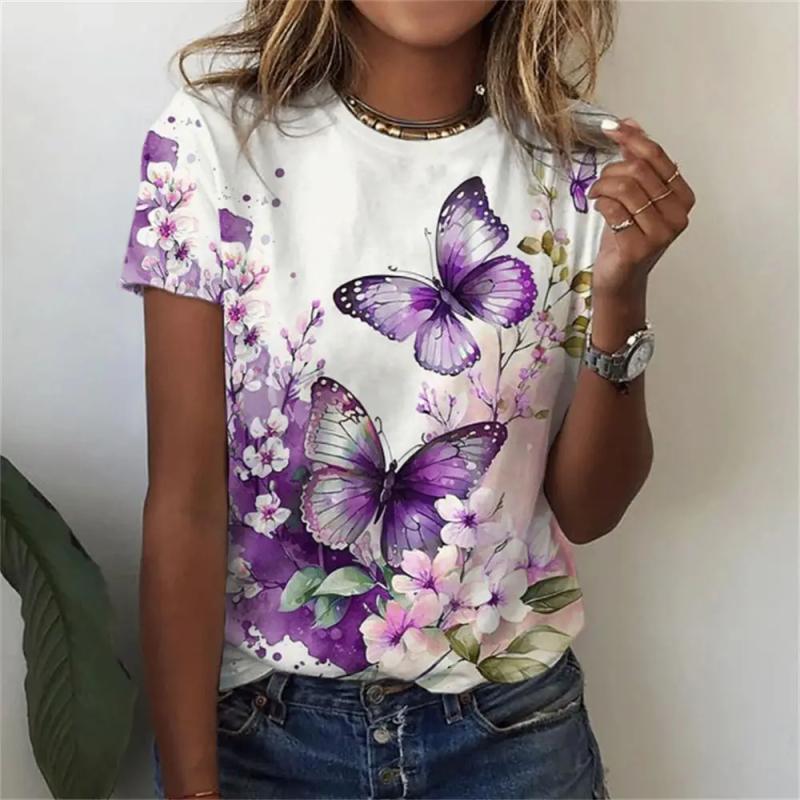 Summer Flower Pattern 3D Printed T-shirt for Women, Round Neck Short Sleeved Casual T-shirt, Harajuku T-shirt, Y2k Top, Women's Clothing
