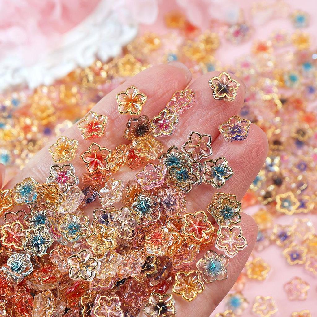 30Pcs 8mm 3D Mini Flower Nail Art Charms, Golden Edge Floral Decoration Nail Accessories for Spring & Summer DIY Manicure Accessories