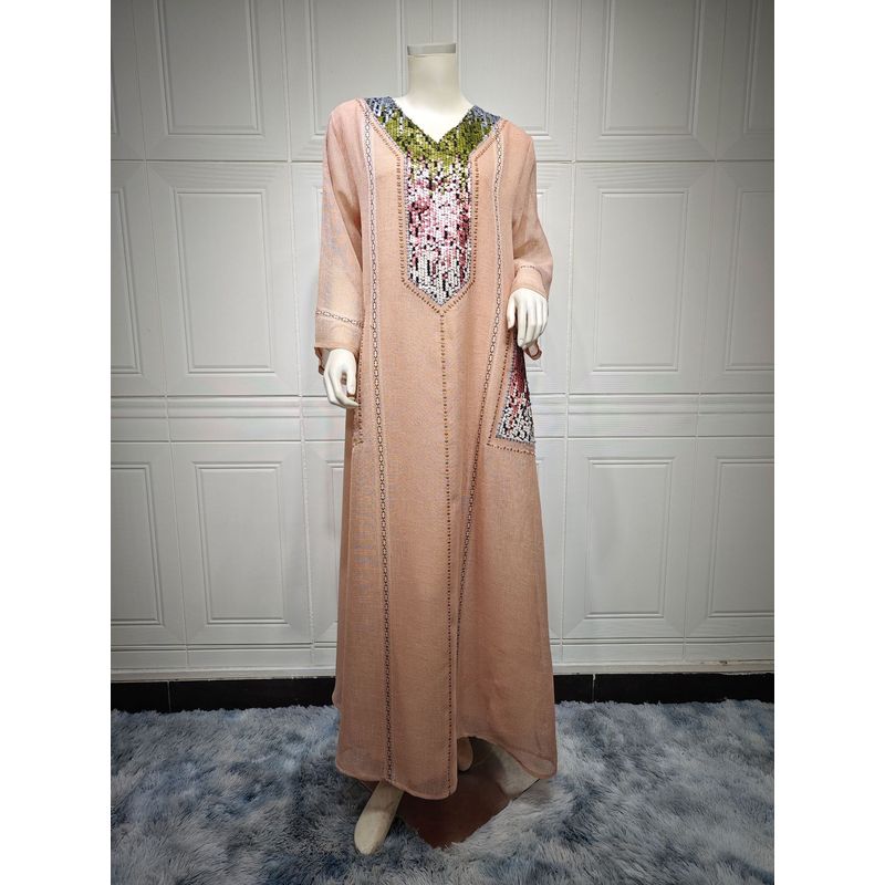 

Женское индонезийское платье Ближний Восток Дубай с пайетками и вышивкой Pink 2XL