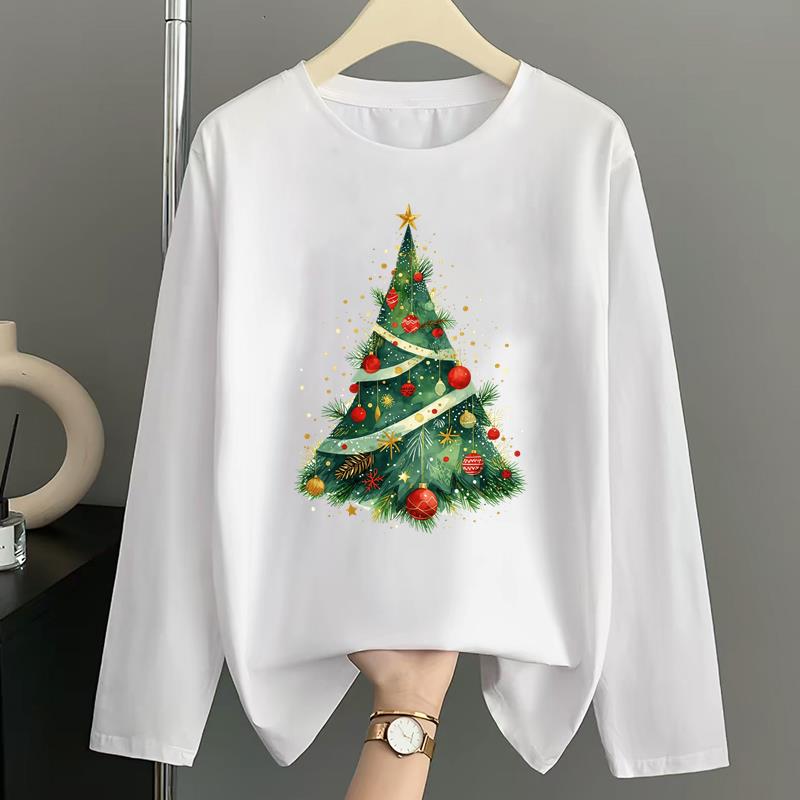 (Asian Size) Letter Lovely Women Autumn Winter Print T Shirt Christmas Holiday Graphic Tee Casual Fashion Top Clothing Long Sleeve T-shirts