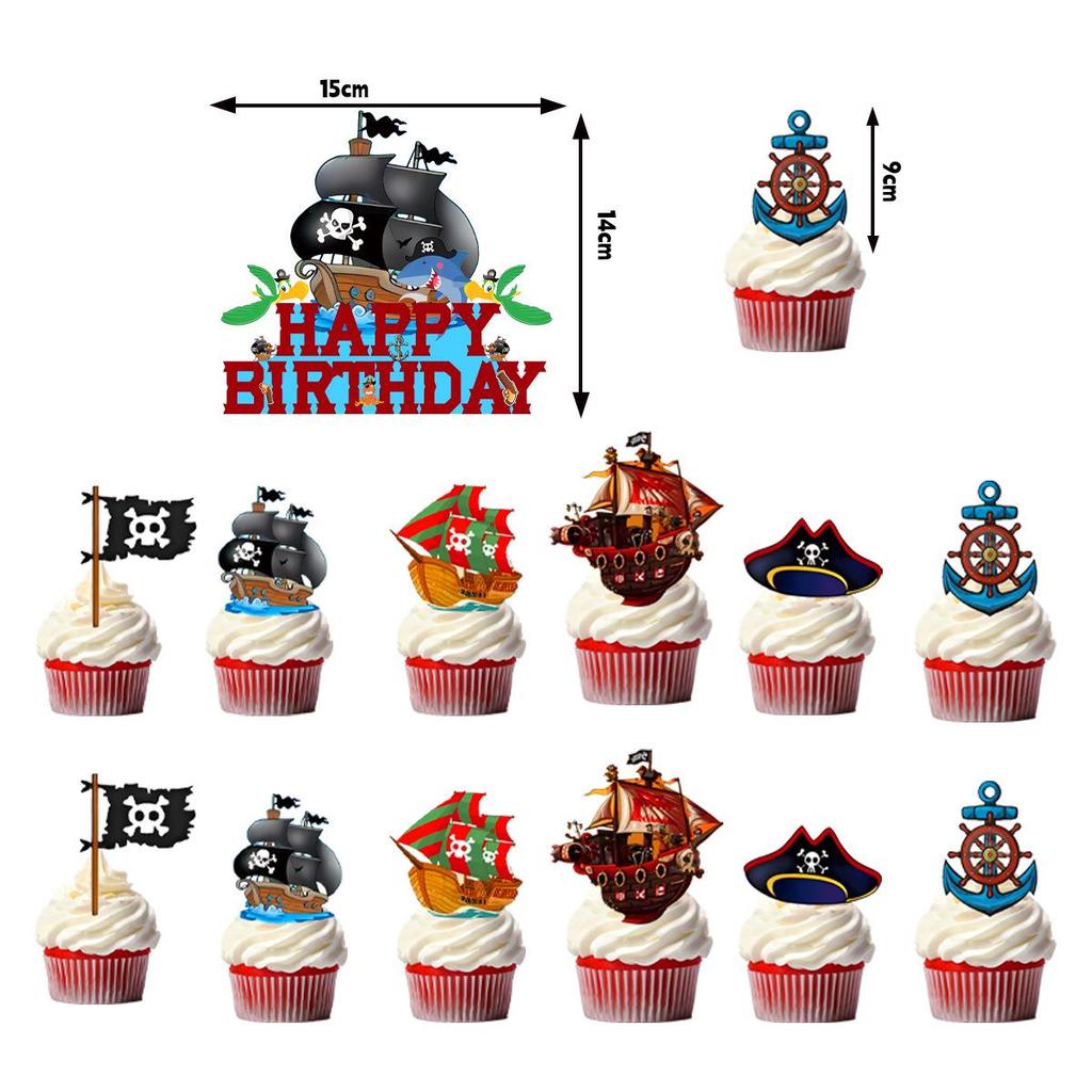 Pirate Ship Sailing Birthday Party Decor Set: Flags, Balloons & Cake Toppers