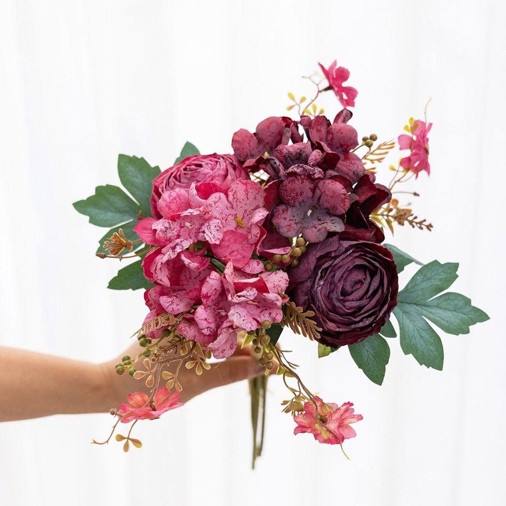 Multicolor Artificial Flower Bouquet Silk Petals Green Leaves Simulation Hydrangea Photo Props Accessories Decorative Flower