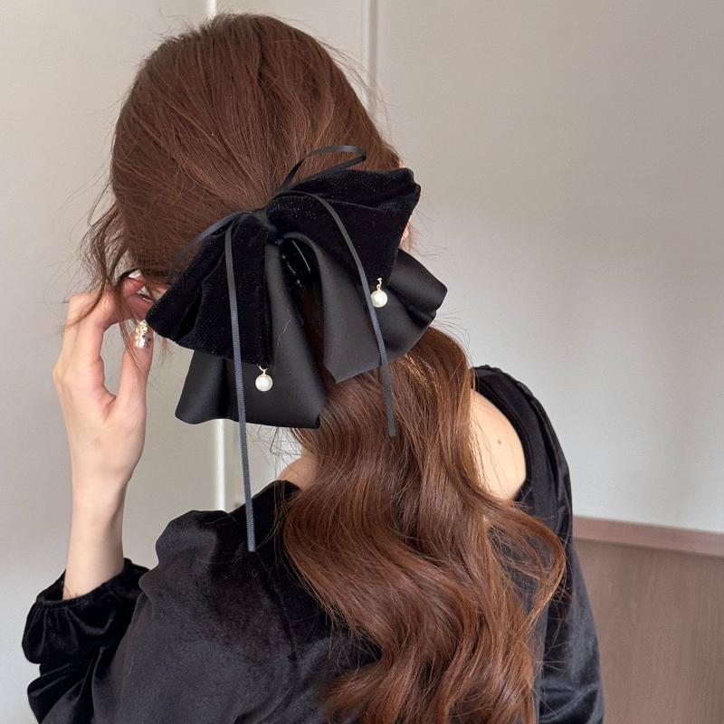 Korean Black Red Pearl Bow Hair Clips Shark Hair Claw Clip Hairpins Spring Clip  Ponytail Barrettes Hair Accessories