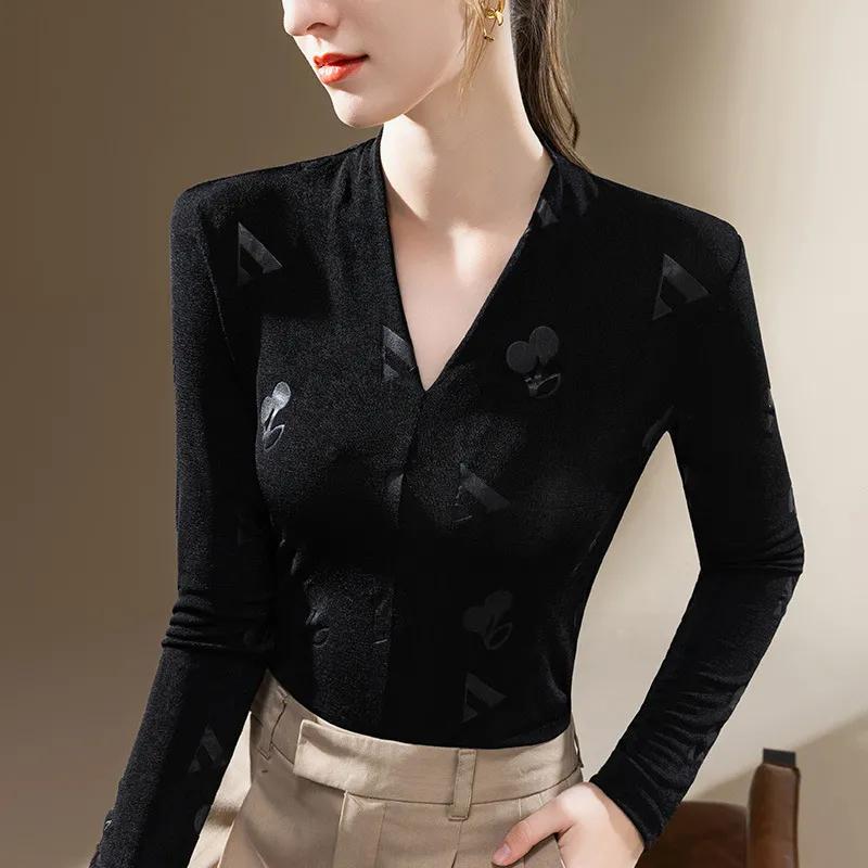 Langärmeliges Unterhemd Damen Neues Temperament V-Ausschnitt Bedrucktes T-Shirt mit Taillenbetonendem High-End Oberteil