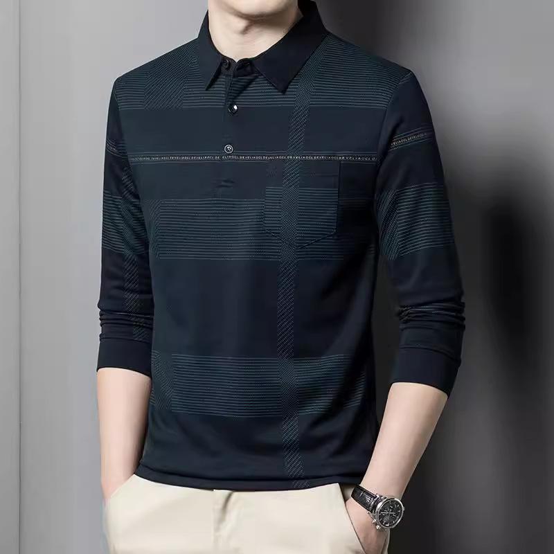 Long-sleeved T-shirt Men's POLO Shirt Thin Pocket Top Spring and Autumn Bottoming New Caring Shirt Dad Men's T-shirt