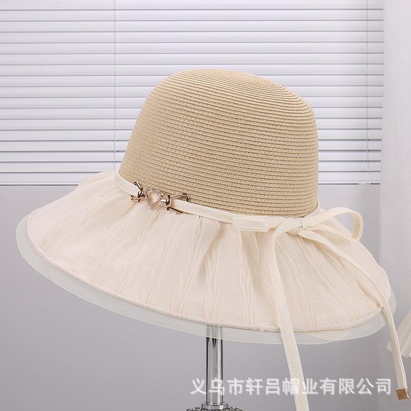 Summer new pleated bow light luxury temperament mesh gauze hat women's outdoor travel versatile big eaves fisherman hat