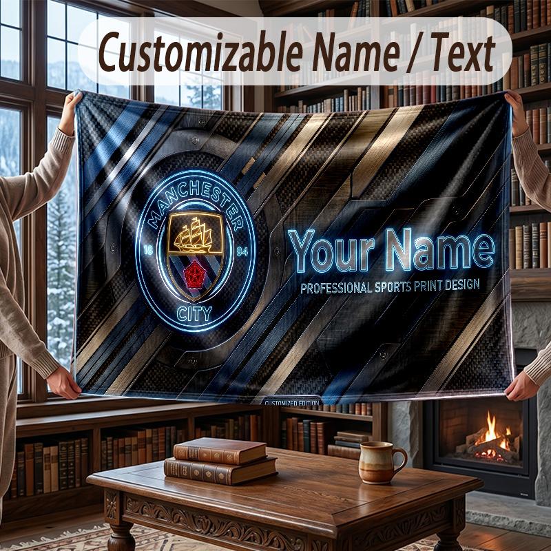 Custom Name Flannel Throw Blanket Manchester City Pattern Warm Home Decoration