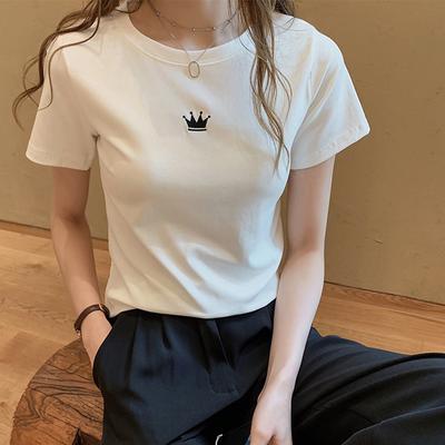 T-shirt da donna estiva Top con base a manica corta con collo rotondo ricamato slim