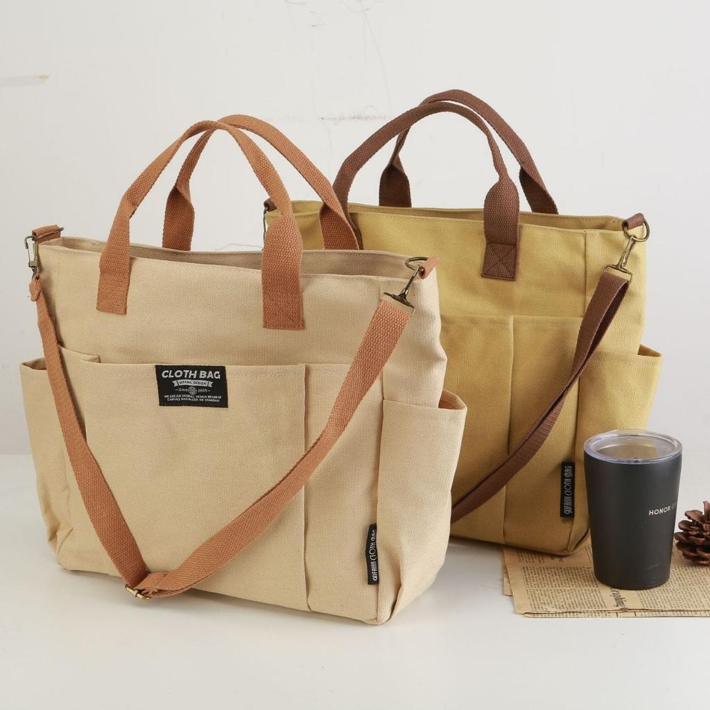 Tote Canvas Bag Thickened Multi-Pocket Japanese Leisure Student Computer Simple Portable Shoulder Crossbody School Bag Satchel