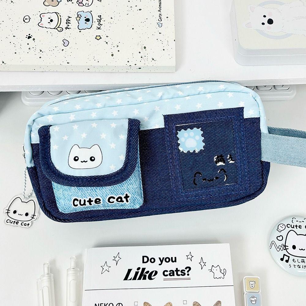 Large Capacity Pen Bag Cat Star Print Stationery Bag Durable Pencil Case  Gift