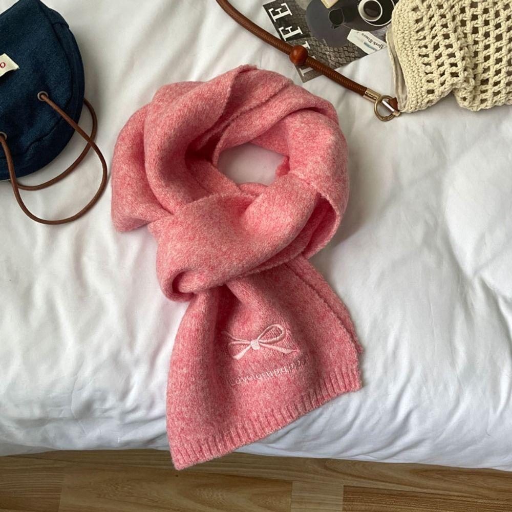 

Letter Knitted Scarves Bowknot Wool Shawl Simple Embroidery Bow Scarf Autumn Winter розовый