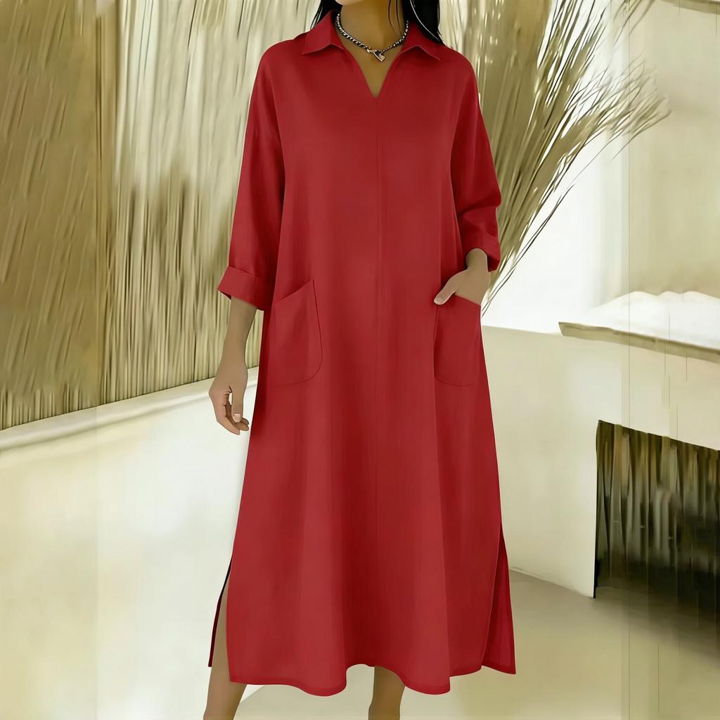 Women's -color Mid-length Loose-fitting Dress With Large Pockets And Casual