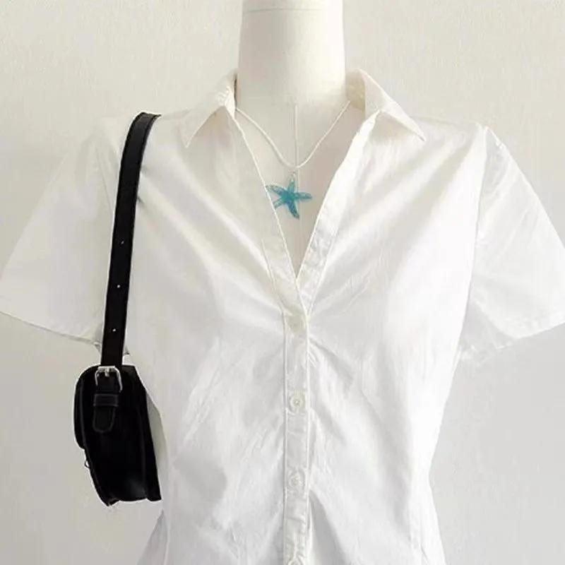 Female Summer Waist-Defining Shirt Pleated Short-Sleeve Unique Slimming Top