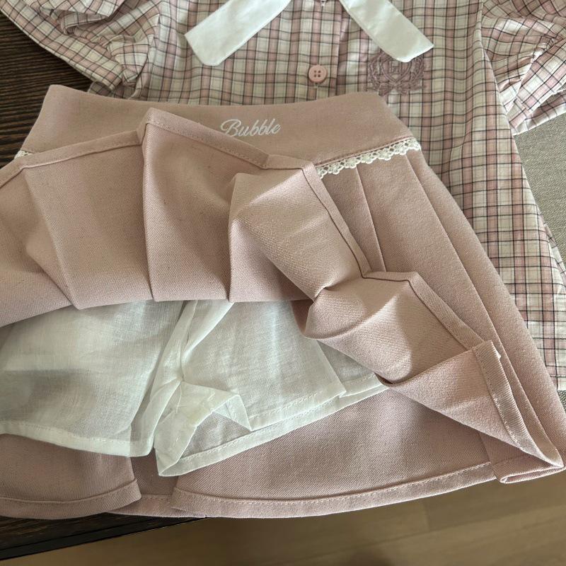 2025 Girls' Korean Academy Style Plaid Shirt & Pink Pleated Skort Set