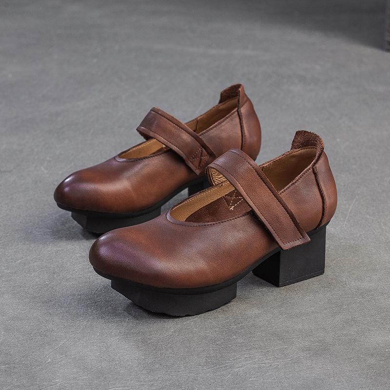 Johnature Allsidige pumps Ekte skinn Hæler Retro Rund tå Grunne Damesko