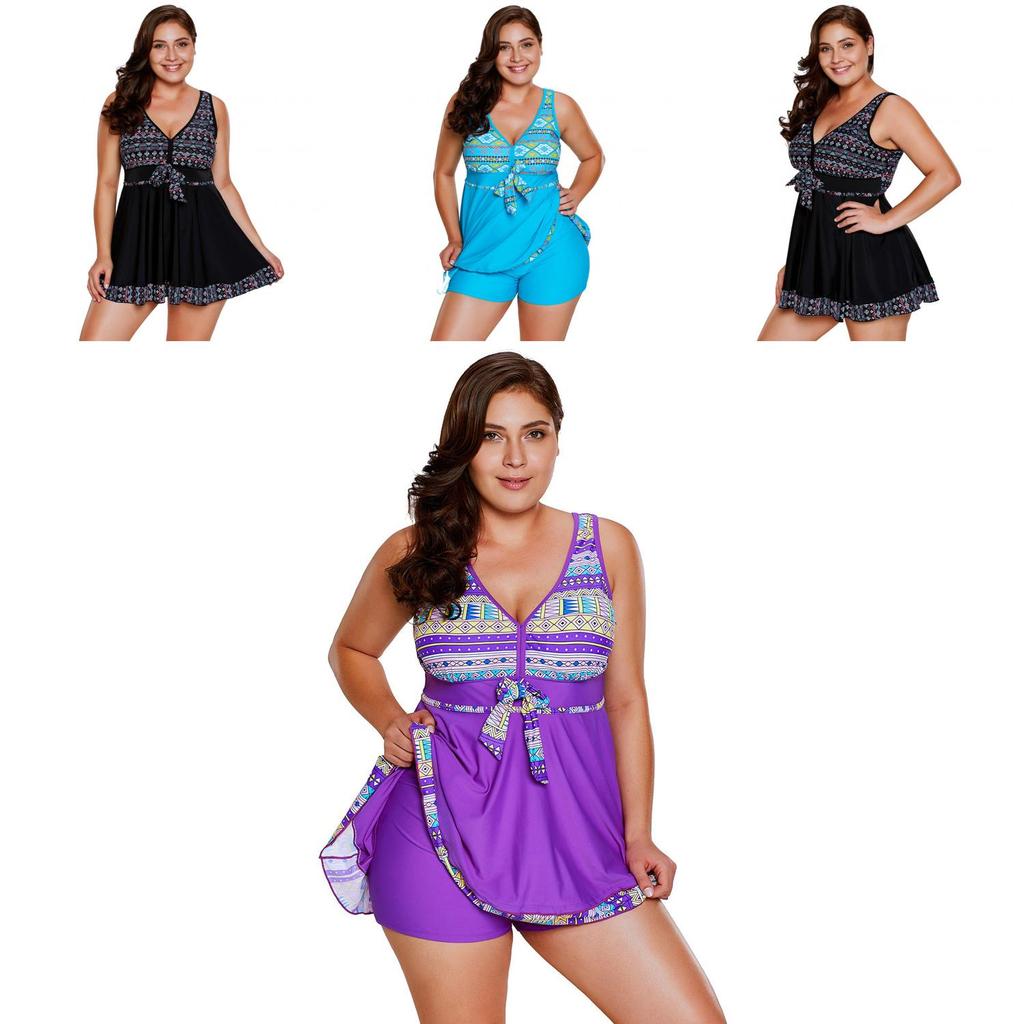Elegant Womens Fashion Plus Size V Neck Skirted Print Front Tankini Swimsuit