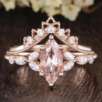 Charme Classique Couleur Or Rose Anneau Ovale Rond pour Femmes Ensemble Mode Métal Incrusté Pierres Or Rose Ensemble d'Anneaux Bijoux