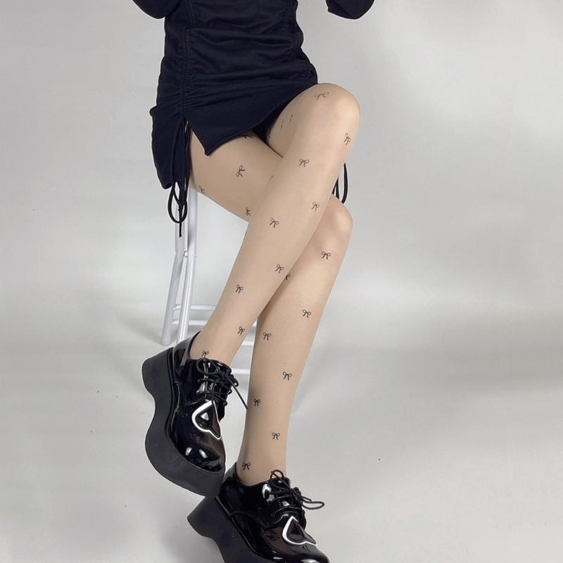 Women Sexy Ultra-Thin Sheer Silky Tights Japanese Sweet Bowknot Polka Dot Heart Printed See Through Pantyhose Stockings