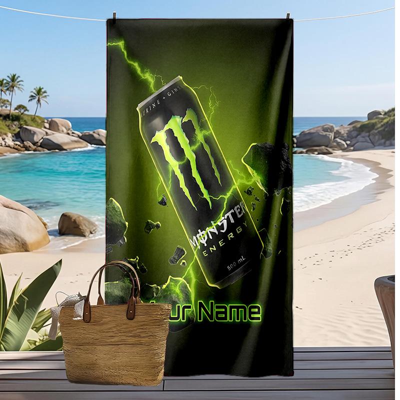 Asciugamano da Spiaggia Personalizzato Monster Energy, Stampa il Tuo Nome Testo Asciugamano Leggero Assorbente per Nuoto Viaggio