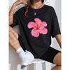 White T Shirt With Pink Hibiscus Flower Print For Casual Summer Wear