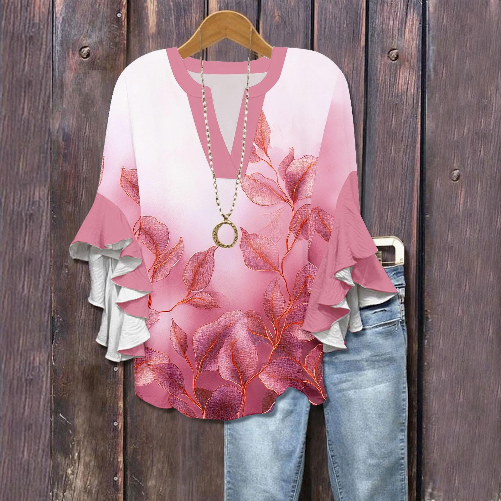 

Рубашки с рукавами 3/4 для женщин, симпатичные футболки с графическим принтом, блузки, повседневные, больших размеров, базовые топы с оборками на рукавах, пуловеры M розовый