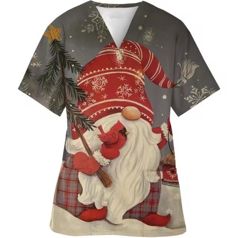 Damen Krankenschwester T-Shirt Arbeiter Weihnachten Druck Kurzarm Tasche V-Ausschnitt Gepflegte T-Shirts Kasack Uniform Arbeitskleidung Betreuer Arbeits-Tops