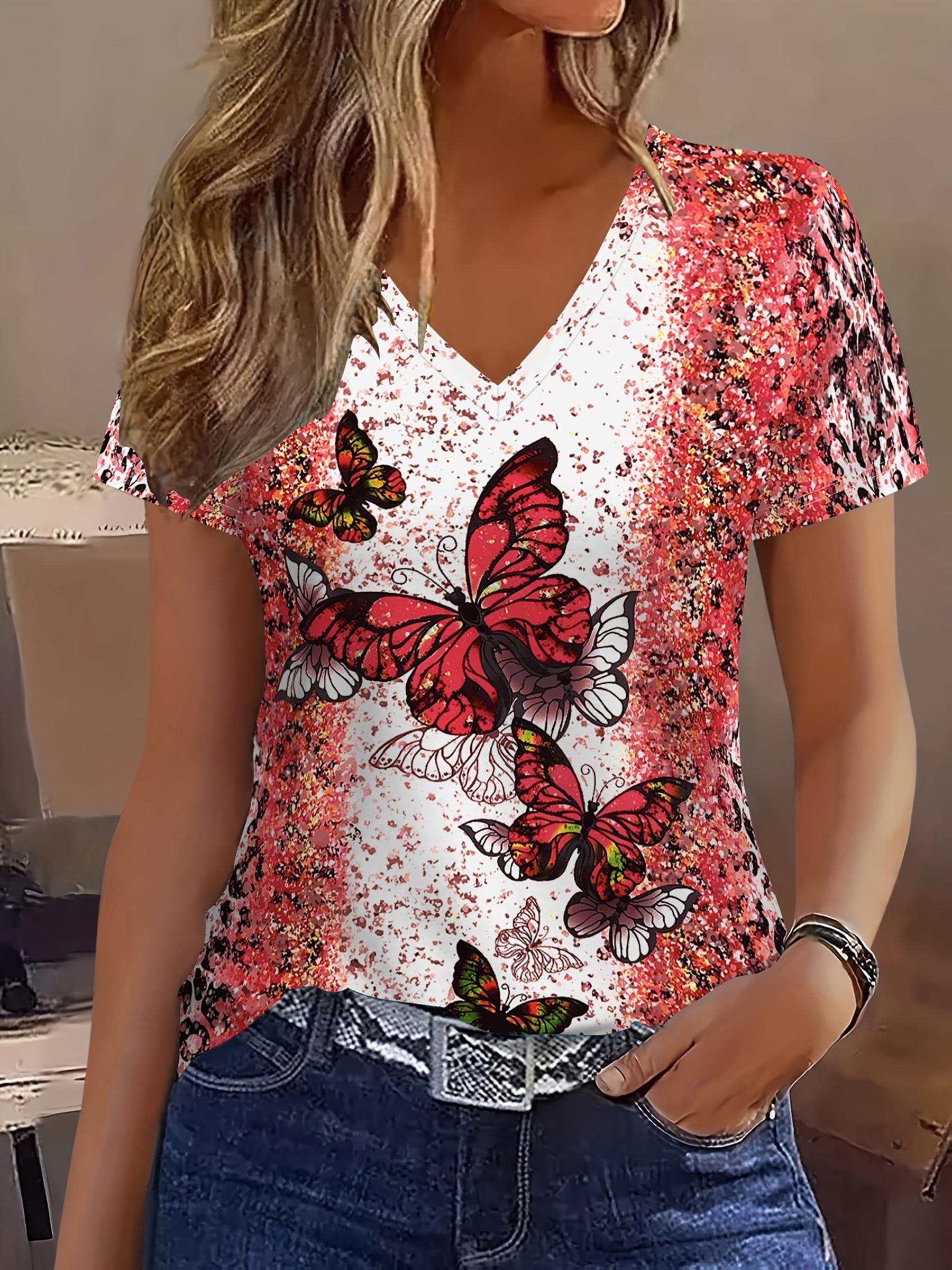 Women s Butterfly Gradient Tie Dye Print V-Neck T-Shirt S