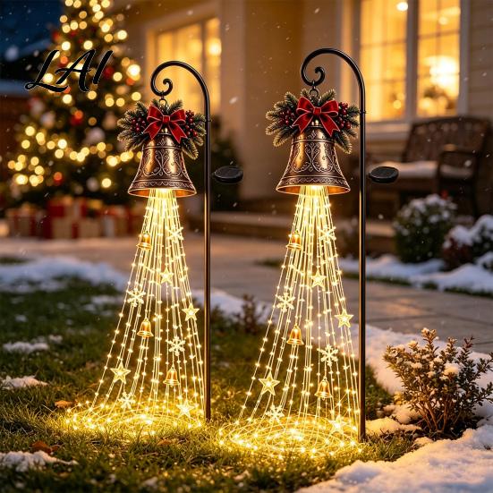 Metal Iron Garden Art Ornaments Solar Powered Christmas Light Outdoor Stake Festive Scene Decor Star Snowflake Waterfall String Lamp Holiday
