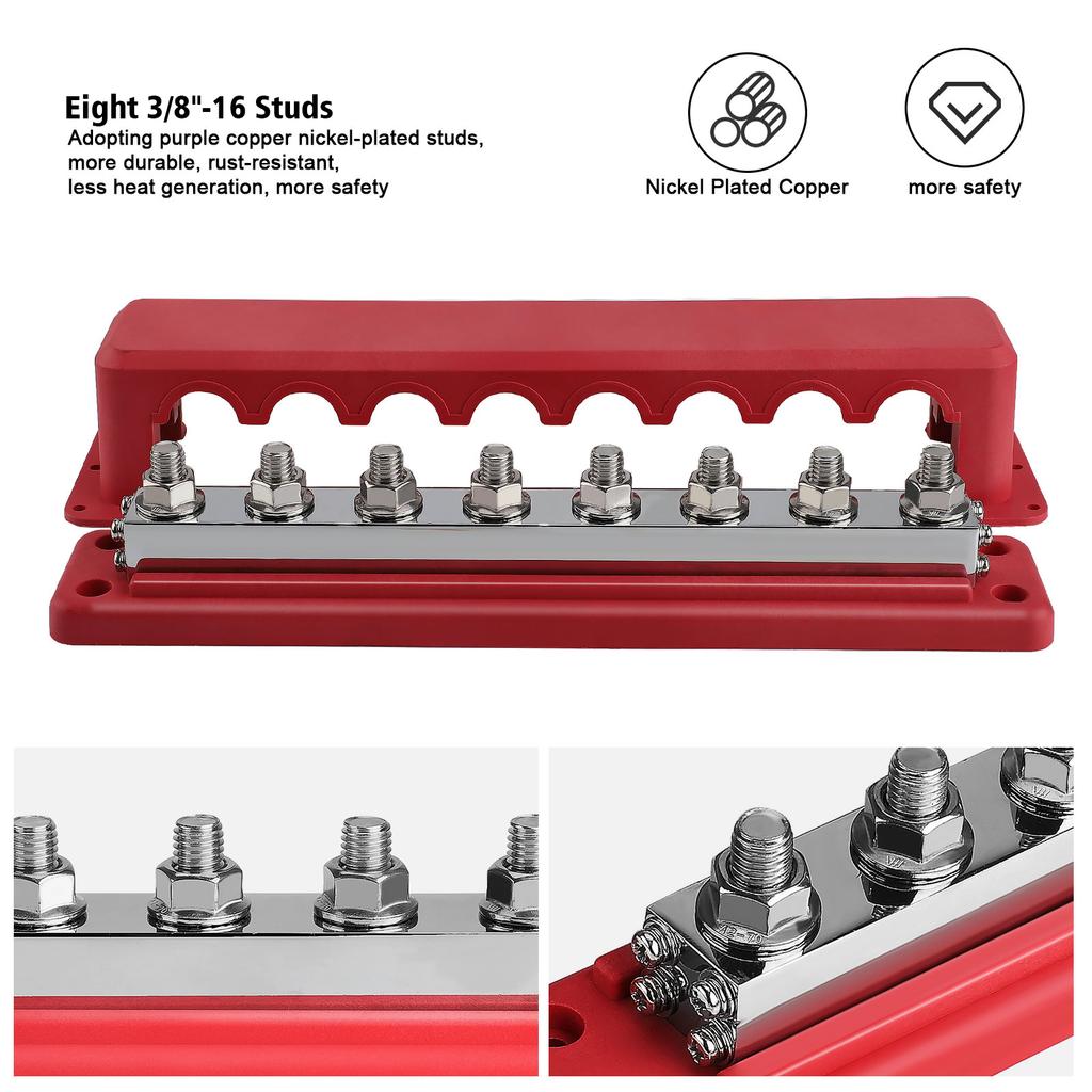 24V 600A M10 8 Post Power Distribution Block With Cover Rated Bus Bar Pair 3/8 Inches For Automotive RVs Trucks Boats Campers