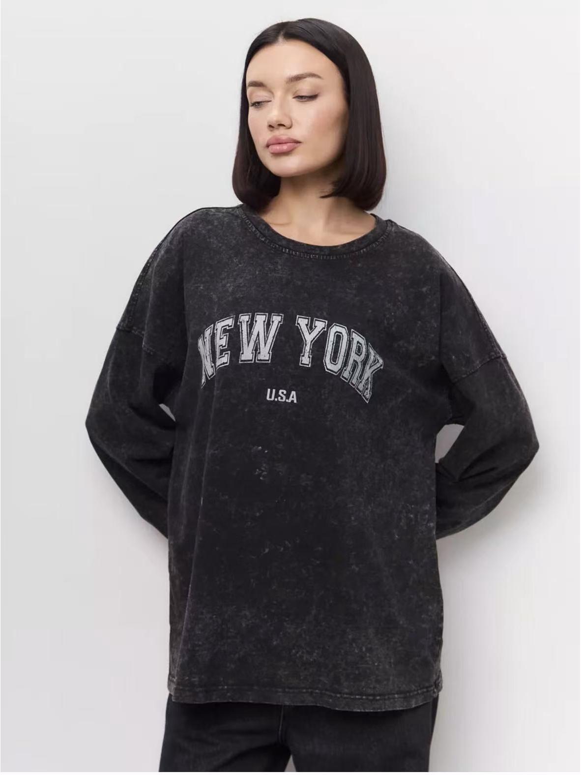 

Винтажная черная хлопковая футболка с принтом, длинный рукав, стройнящая, для женщин, в европейско-американском стиле 2X Large