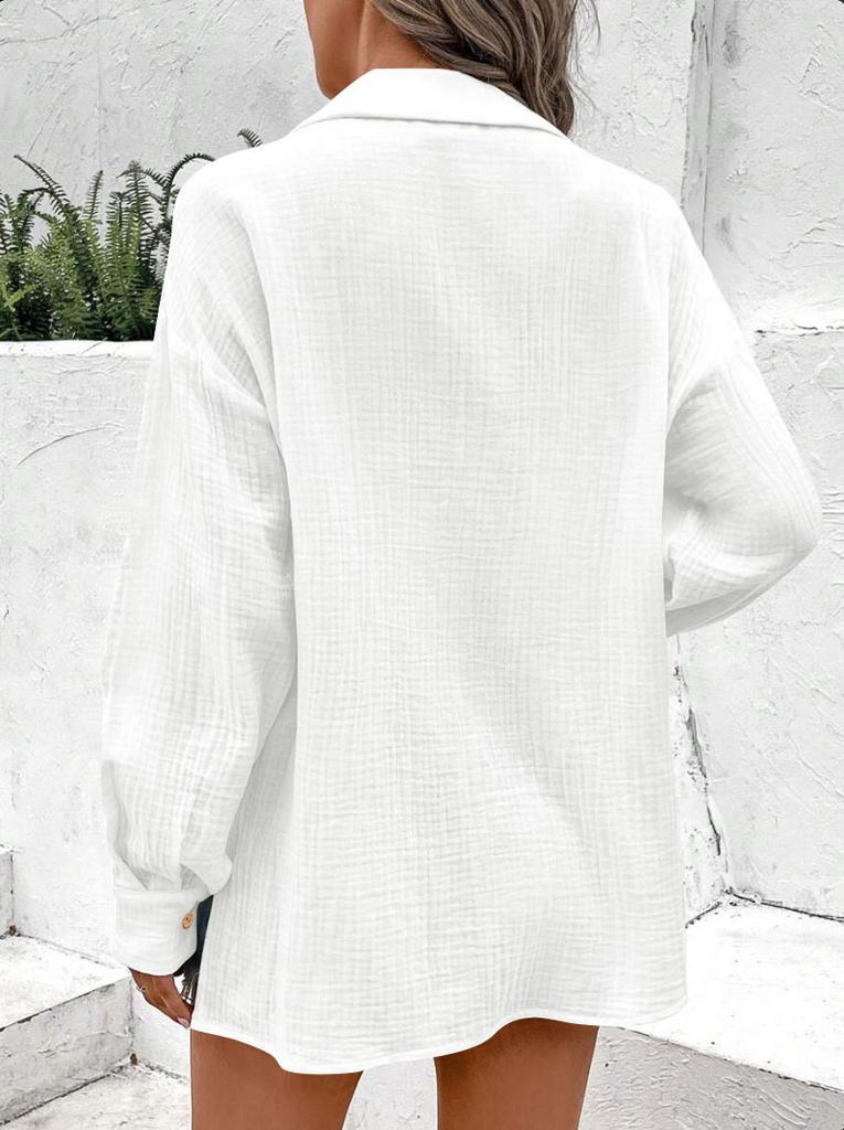 Women S Solid Long Sleeve Button Up Shirt Loose Collared Blouse