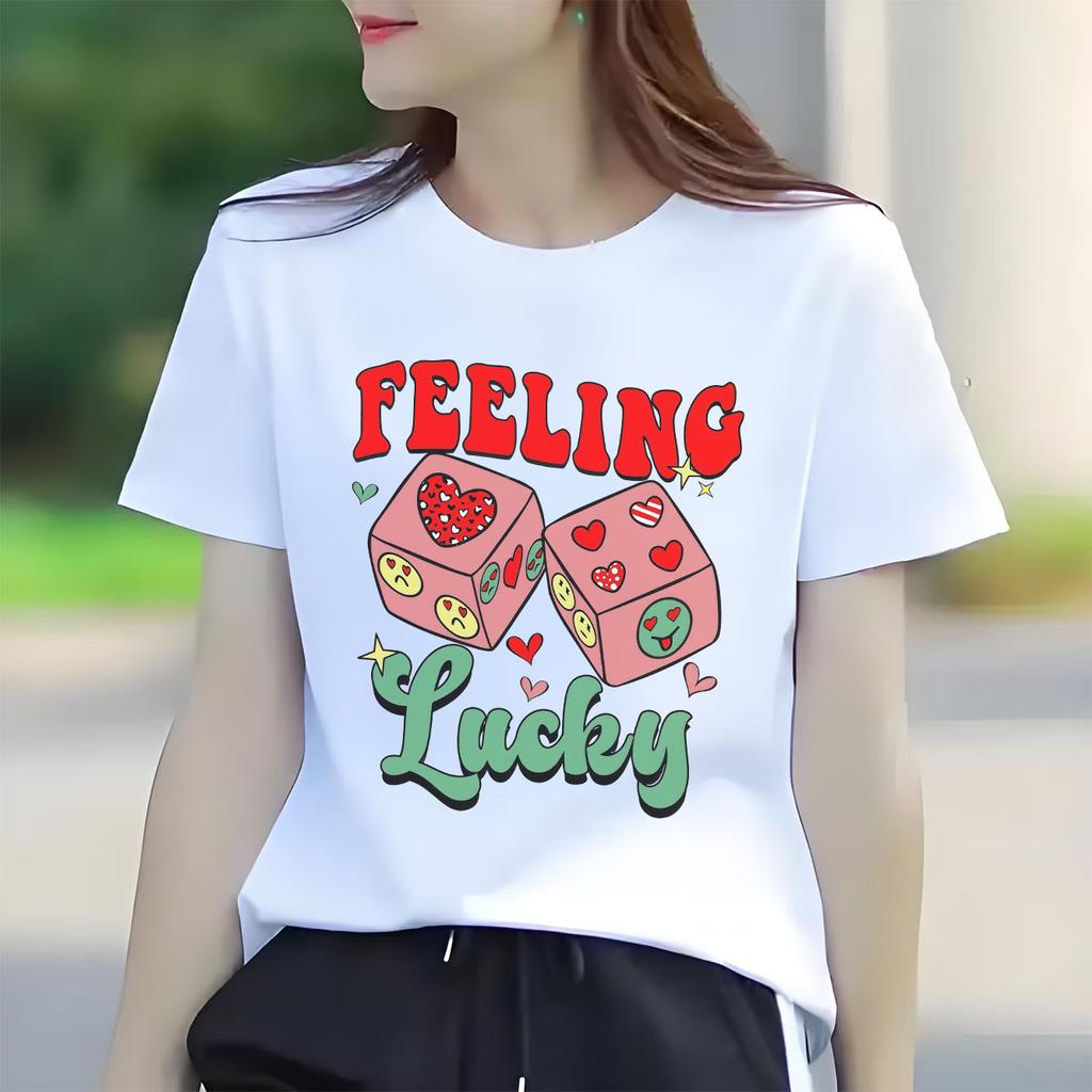 Lucky Points Fashion Printed Pattern Daily Tshirt Short Sleeve Round Neck Versatile Womens Tshirt