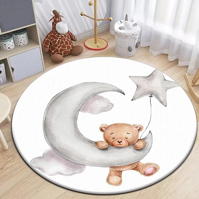 Cartoon Cute Little Bear Animals Round Carpet for Living Room Decor Kid's Bedroom Play Floor Mat Anti-Slip Camping Picnic Mats