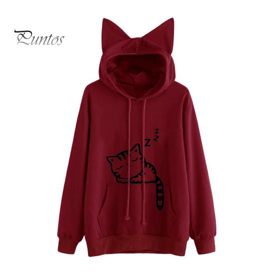 

Женская толстовка с капюшоном на осень-зиму с большим карманом, декором в виде кошачьих ушей, принтом котенка, с капюшоном, длинными рукавами, свободный свитер для дома и школы, спортивный топ M вино красного