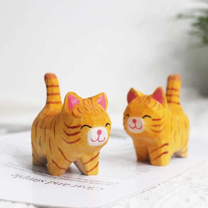 Håndlaget Treskjæring Kattunge Ornamenter Små dyr Kreativt Skrivebord Tre Kattdekorasjonshåndverk