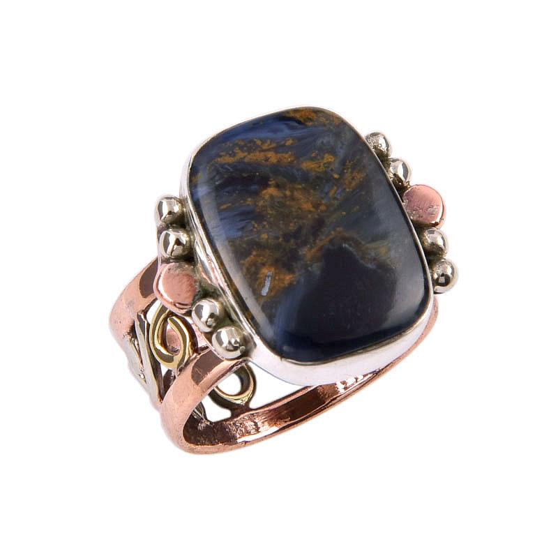 Natürlicher Pietersit Edelstein 925 Massiv Sterlingsilber Zweifarbiger Ring Größe 5 W7O41