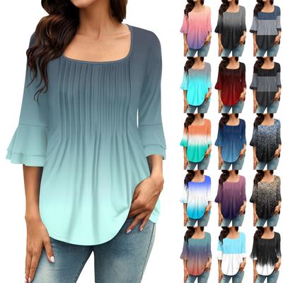 3/4-Glockenärmel-Shirts für Damen, Oberteile, elegante, lässige Blusen, plissierte Tunika-Oberteile mit U-Ausschnitt und quadratischem Ausschnitt