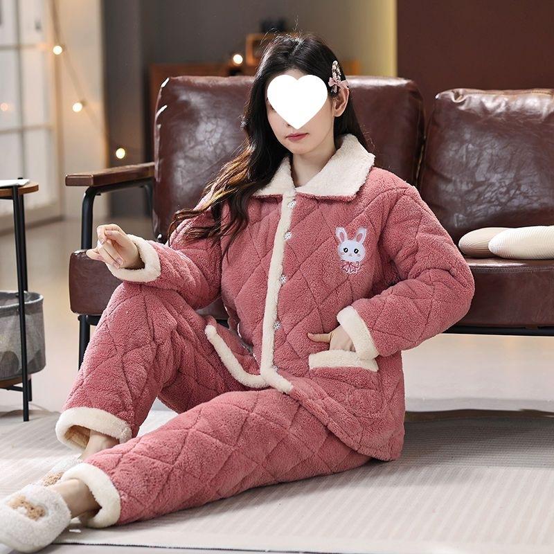 Dámské pyžamo třívrstvé zesílené a roztomilé zimní lze nosit velká velikost teplé polstrované domácí oblečení