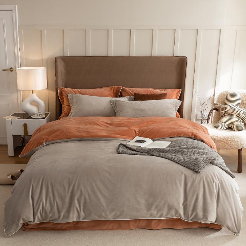 Light Luxury High-End Thickened Milk Fleece Four-Piece Set, Warm Coral Fleece Quilt Cover, Anti-Static Bed Sheet Three-Piece Set