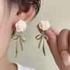 Super Fairy Diamond-Set White Camellia Bow Fringed Stud Earrings Light Luxury High-End Temperament French Earrings