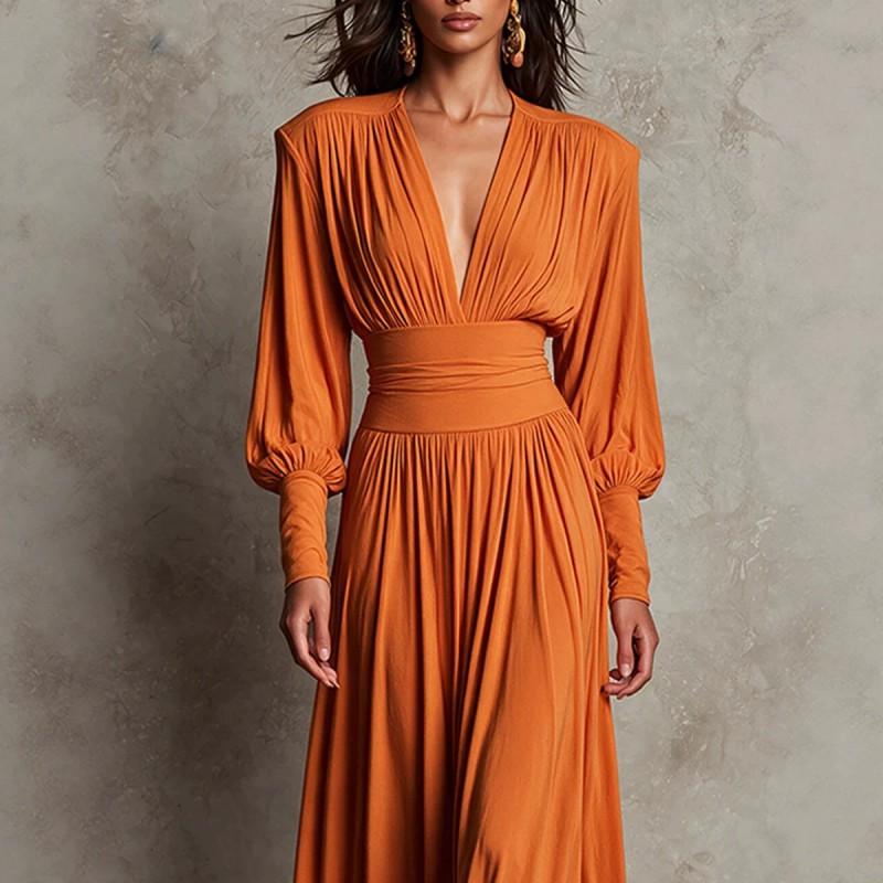 Solid Color Deep V Neck Long Sleeve A-Line Maxi Dress 2026 Elegant Evening Gown